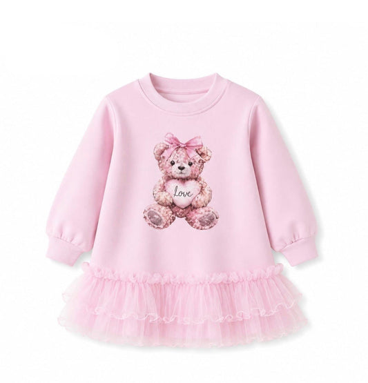Pink teddy bear long-sleeve dress with layered tulle ruffle hem and heart print