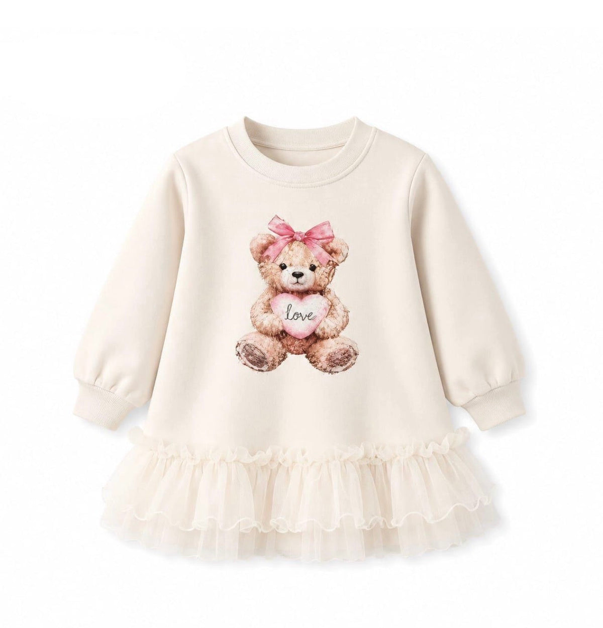 Cream teddy bear graphic long-sleeve dress with ruffled tulle hem