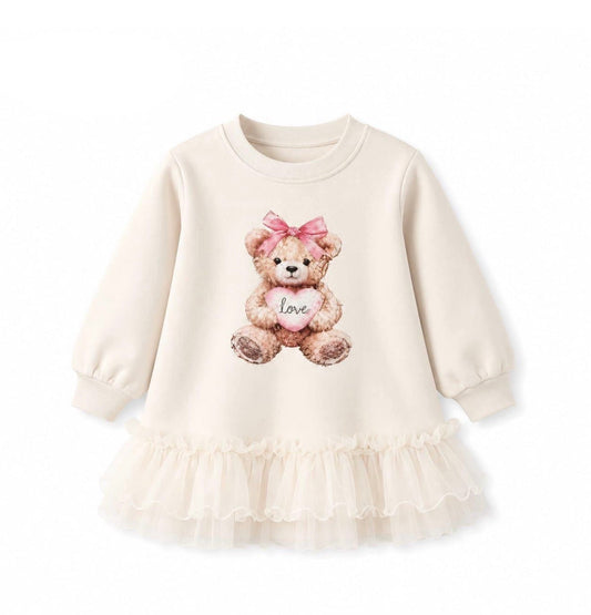Cream teddy bear graphic long-sleeve dress with ruffled tulle hem
