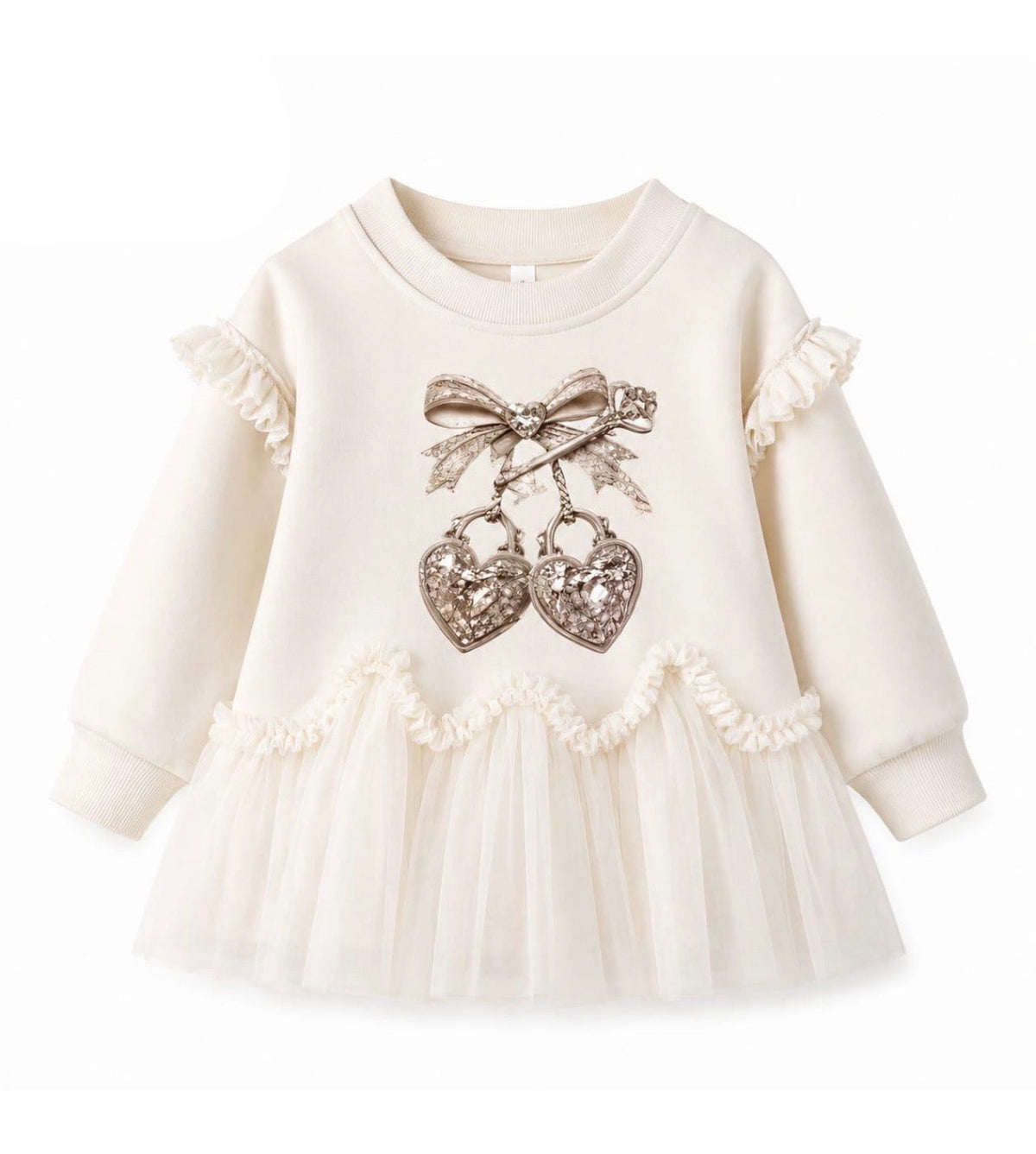 Cream baby dress with long sleeves, heart bow graphic, and layered tulle skirt