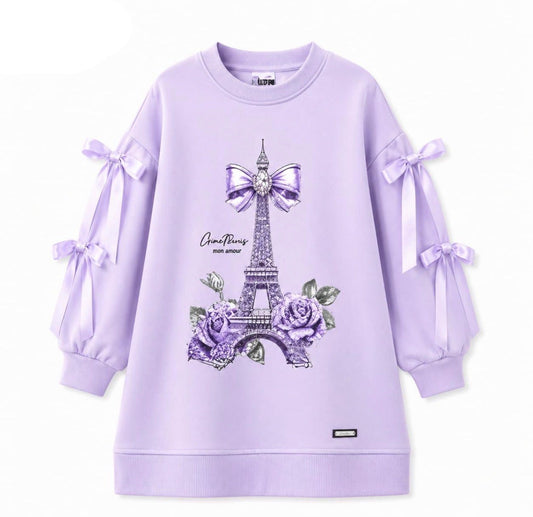 Lilac long-sleeve dress with Eiffel Tower graphic and ribbon bow sleeves