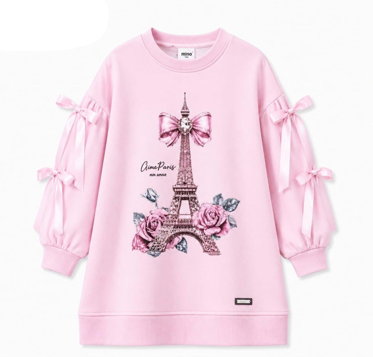 Girls' pink dress with Eiffel Tower graphic and bow-tied sleeves