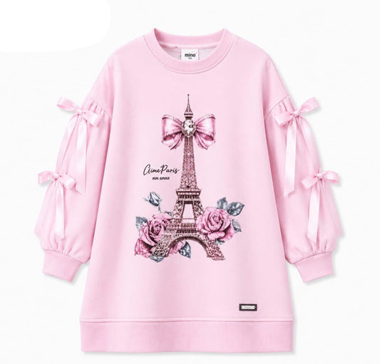 Girls' pink dress with Eiffel Tower graphic and bow-tied sleeves