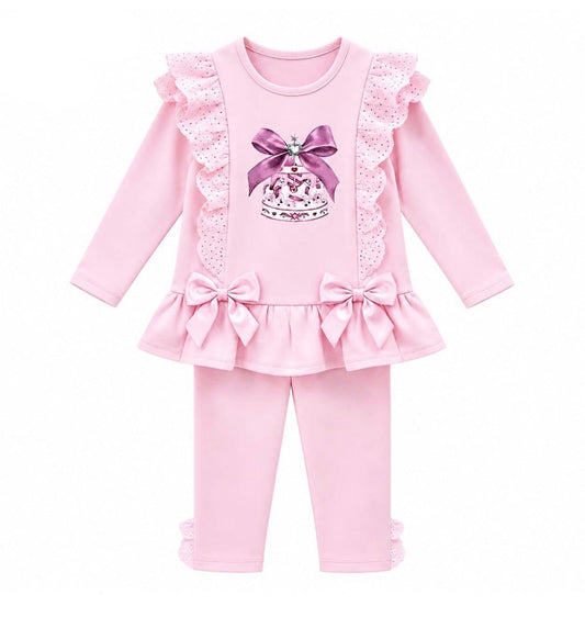 Pink bow bell leggings set with ruffle long-sleeve top and matching leggings