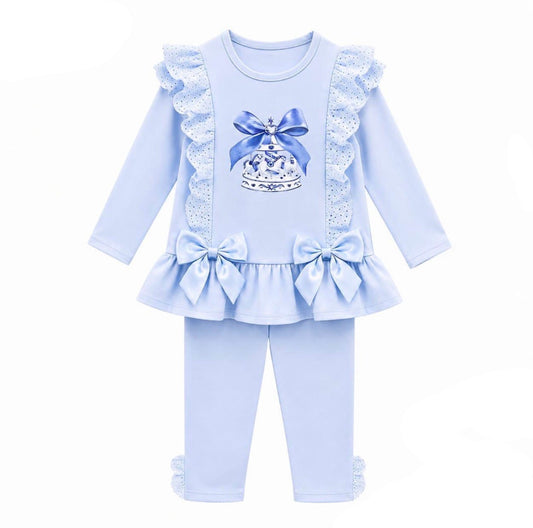 Baby blue bow bell leggings set with long-sleeve ruffle top and matching leggings