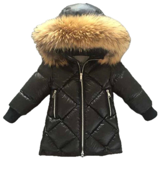 Girls Diamond Black Winter Coat with Natural Raccoon Fur Hood