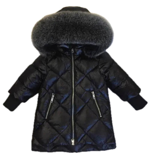 Girls Diamond Black Winter Coat with Black Fox Fur Hood
