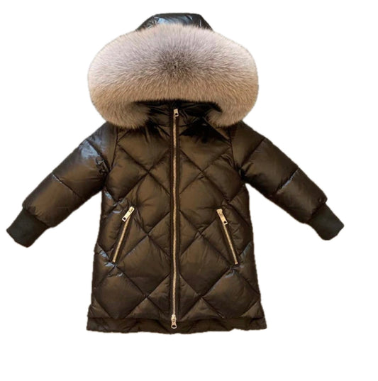 Girls Diamond Black Winter Coat with Grey Fox Fur Hood