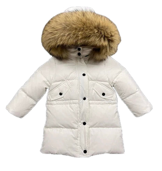 White Winter Parker Coat Natural Racoon Fur Hood
