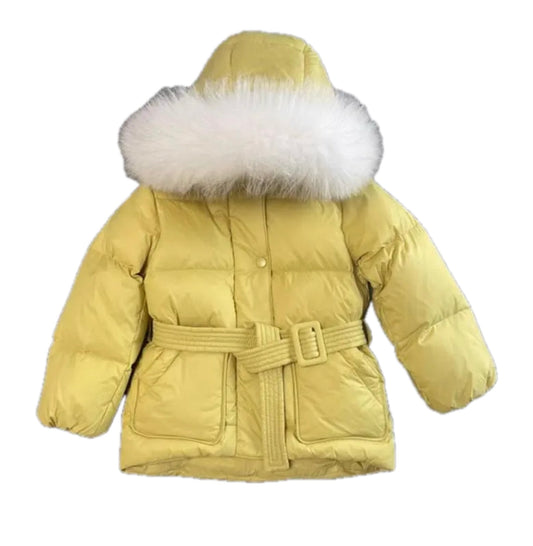 Girls Yellow Real Fur Hooded Duckdown Jacket