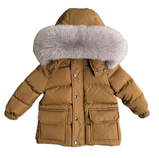 Boys Winter Brown Zip Coat with Grey Fox Fur Hood
