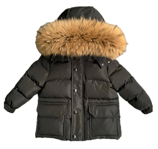 Boys Winter Black Zip Coat with Natural Racoon Fur Hood