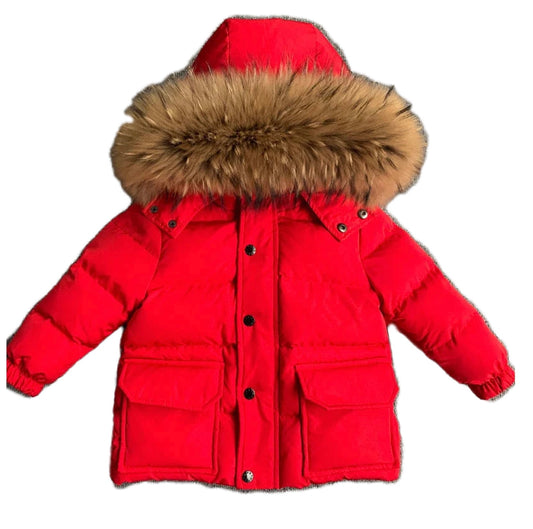 Boys Winter Red Zip Coat with Natural Racoon Fur Hood
