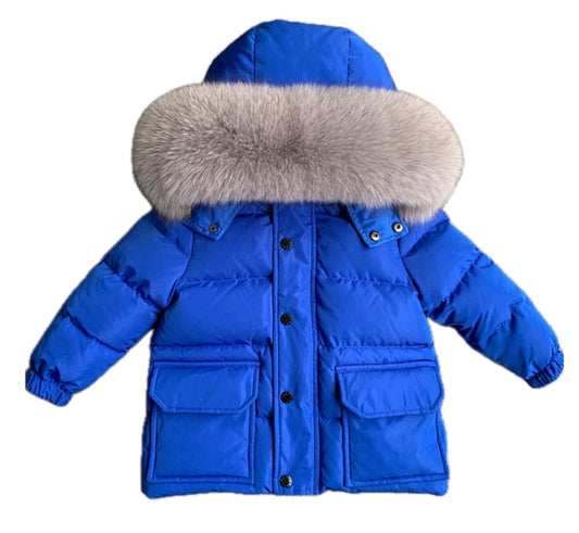 Boys Winter Colbolt Blue Zip Coat with Grey Fox Fur Hood