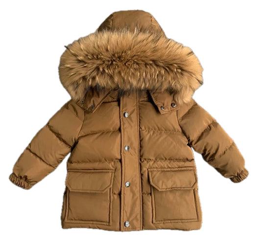 Boys Winter Brown Zip Coat with Natural Racoon Fur Hood
