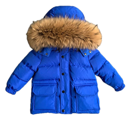 Boys Winter Colbolt Blue Zip Coat with Natural Racoon Big Fur Hood