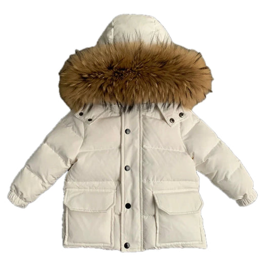 Boys Winter White Zip Coat with Natural Racoon Fur Hood