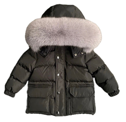 Boys Winter Black Zip Coat with Grey Fox Fur Hood