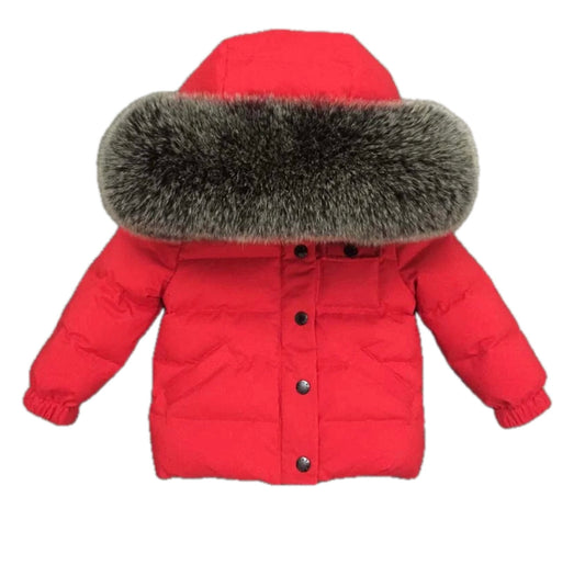Boys Red Coat with Grey Fox Fur Hood