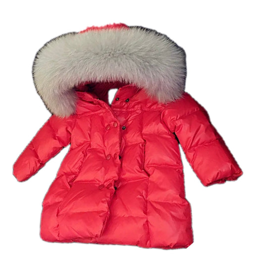 Girls Red Long Length Coat with Grey Light Grey Fur Hood