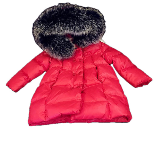 Girls Red Long Length Coat with Grey Faux Fur Hood