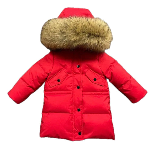 Red Winter Parker Coat Natural Racoon Fur Hood