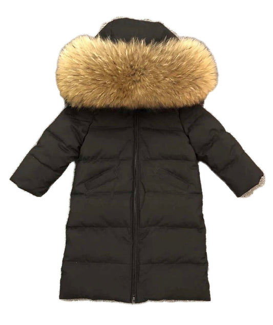 Girls Long Length Black Coat with Black Racoon Fur