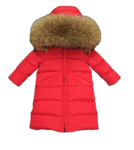 Girls Long Length Red Coat with Natural Racoon Fur
