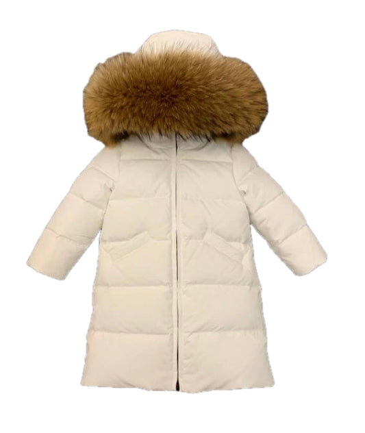 Girls Long Length White Coat with White Racoon Fur