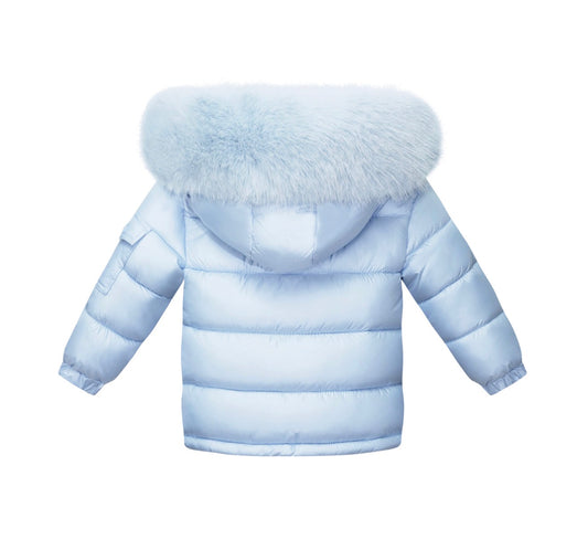 Baby blue faux padded coat with plush fur hood, back view and ribbed cuffs