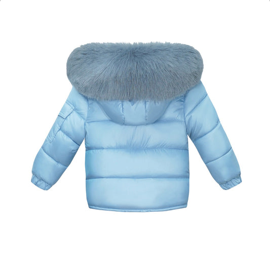 Light blue padded faux-fur hood coat with quilted front and stand collar