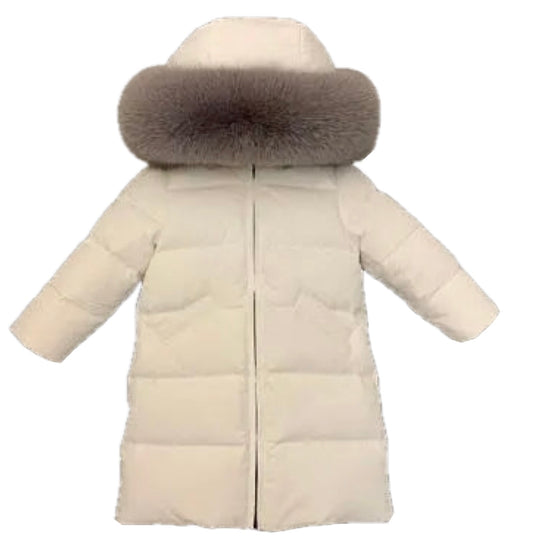 Girls Long Length White Coat with Grey Fox Fur