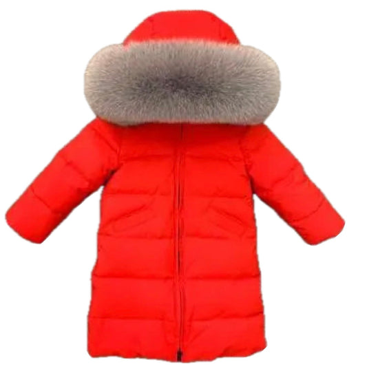 Girls Long Length Red Coat with Grey Fox Fur