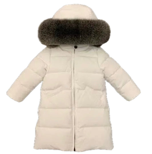 Girls Long Length White Coat with Black Fox Fur
