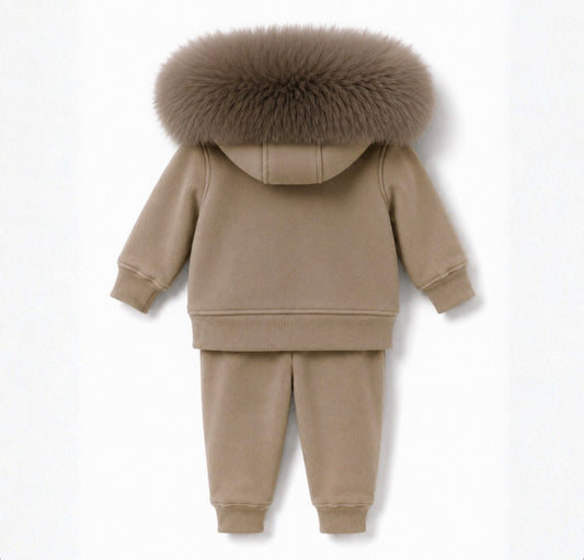 EvaBella Signature Faux Fur Hooded Two Piece Set - Irish Cream