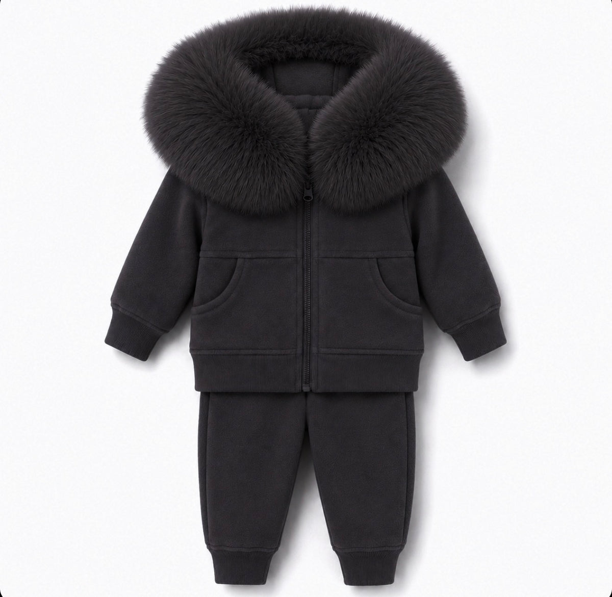 EvaBella Signature Faux Fur Hooded Two Piece Set - Charcoal