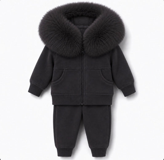 EvaBella Signature Faux Fur Hooded Two Piece Set - Charcoal