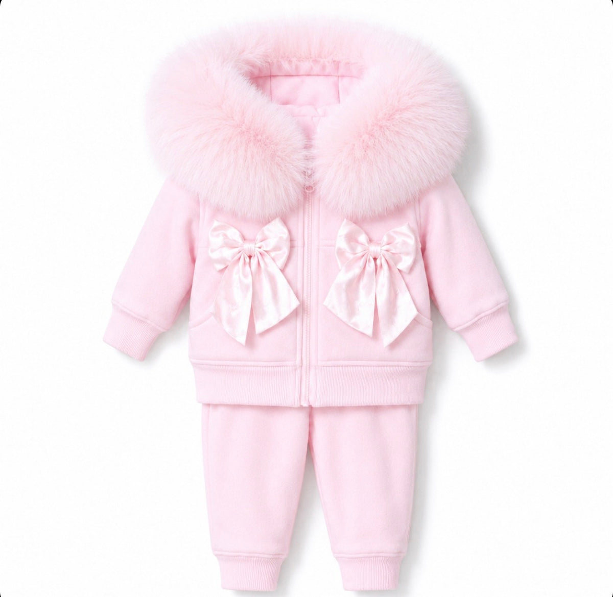 EvaBella Signature Faux Fur Hooded Double Bow Two Piece Set - Baby Pink