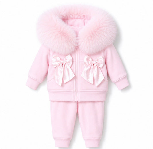 EvaBella Signature Faux Fur Hooded Double Bow Two Piece Set - Baby Pink
