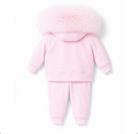 EvaBella Signature Faux Fur Hooded Double Bow Two Piece Set - Baby Pink