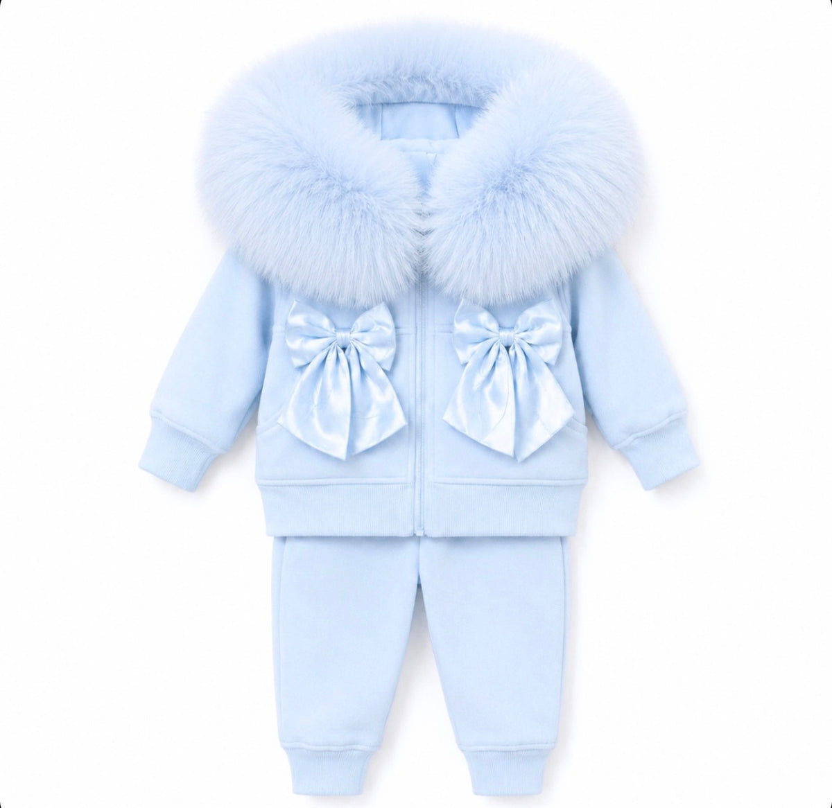 EvaBella Signature Faux Fur Hooded Double Bow Two Piece Set - Baby Blue