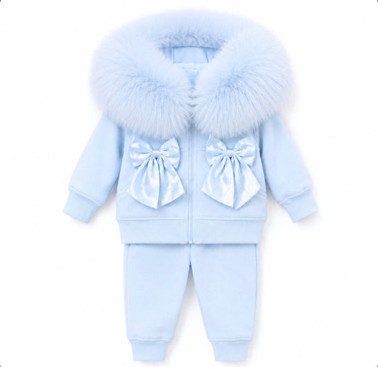 EvaBella Signature Faux Fur Hooded Double Bow Two Piece Set - Baby Blue