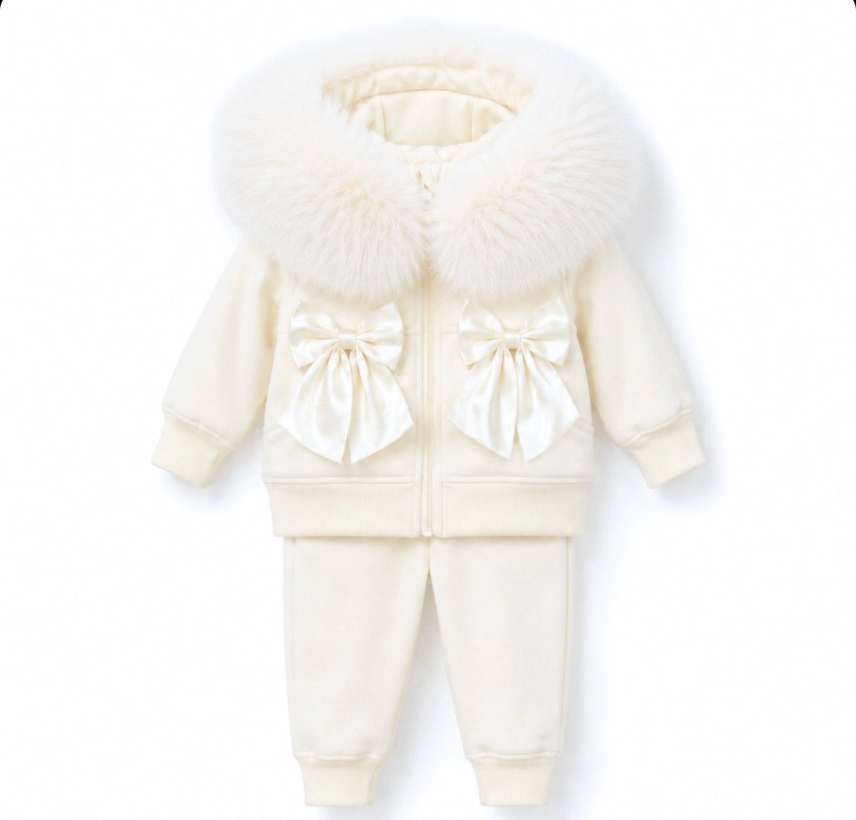 EvaBella Signature Faux Fur Hooded Double Bow Two Piece Set - Cream