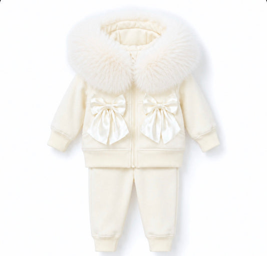 EvaBella Signature Faux Fur Hooded Double Bow Two Piece Set - Cream