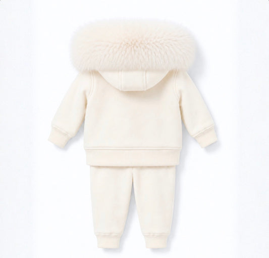 EvaBella Signature Faux Fur Hooded Double Bow Two Piece Set - Cream