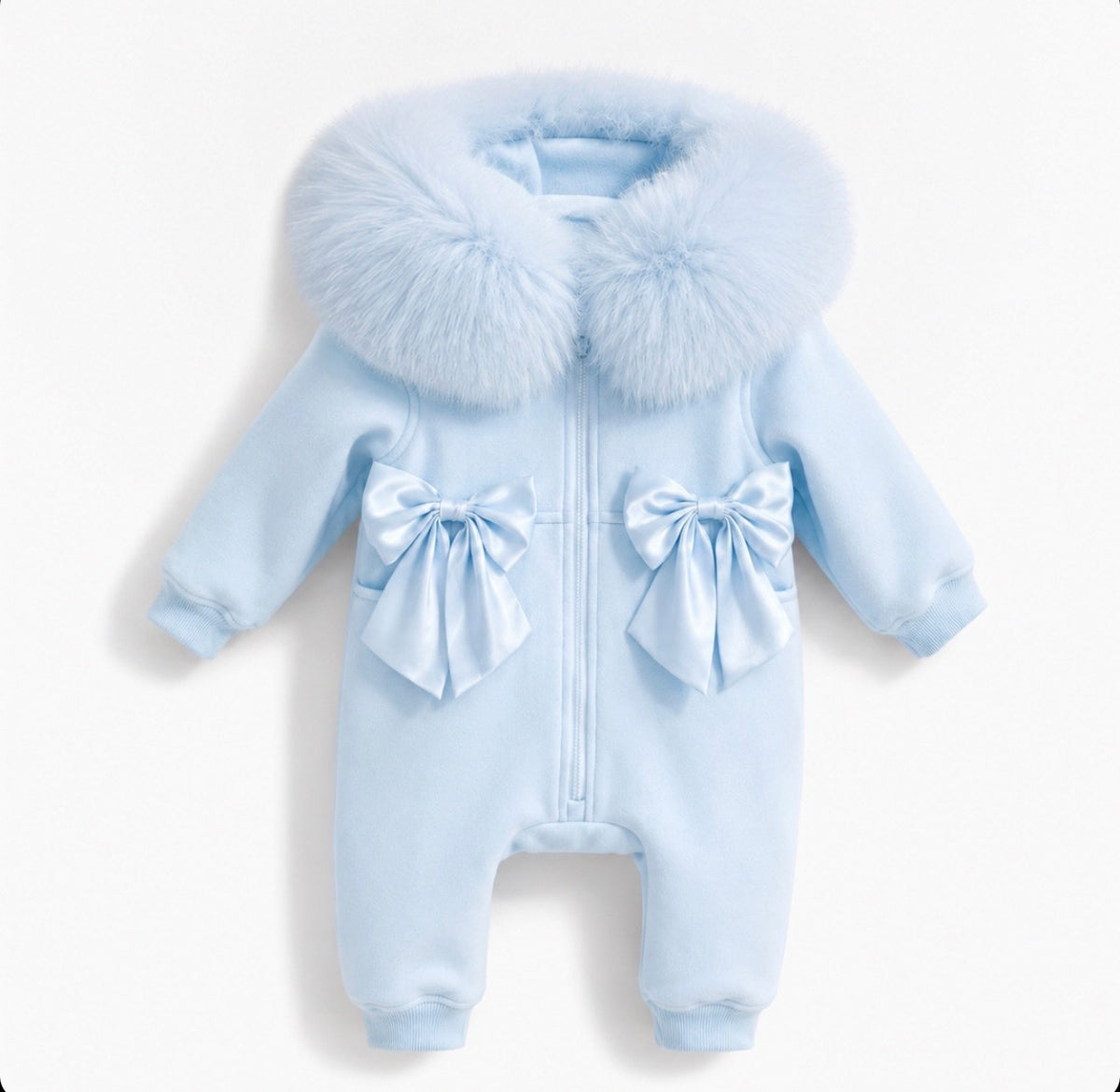 EvaBella Signature Faux Fur Hooded All in One| Cream Baby Blue