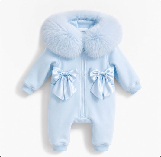 EvaBella Signature Faux Fur Hooded All in One| Cream Baby Blue