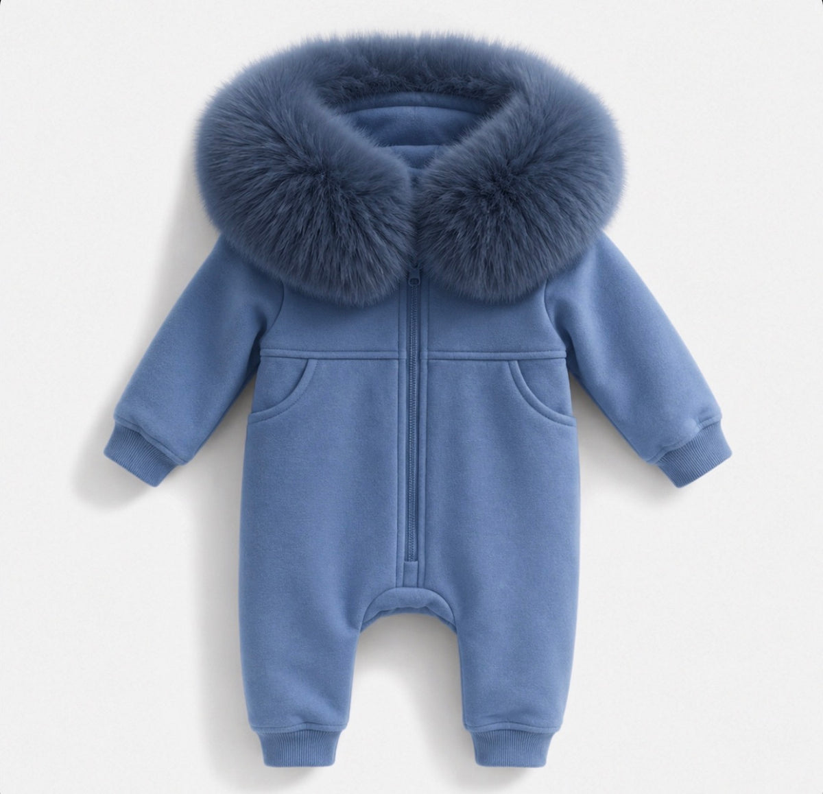 EvaBella Signature Faux Fur Hooded All in One| Mount Blue