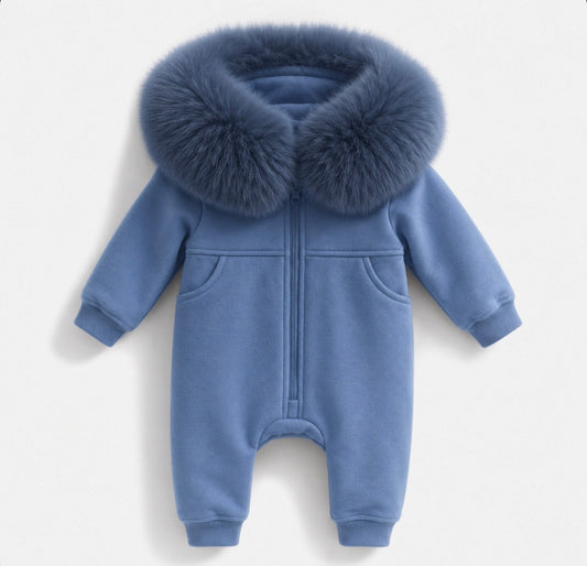 EvaBella Signature Faux Fur Hooded All in One| Mount Blue