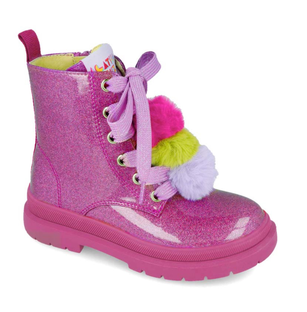 Fuchsia pink patent pom-pom boot: glitter ankle boot with bow laces and side pom
